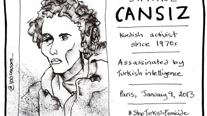 L’écrivaine Janet Biehl a mis ses talents de dessinatrice au service de la campagne « 100 raisons pour juger le dictateur Erdogan »