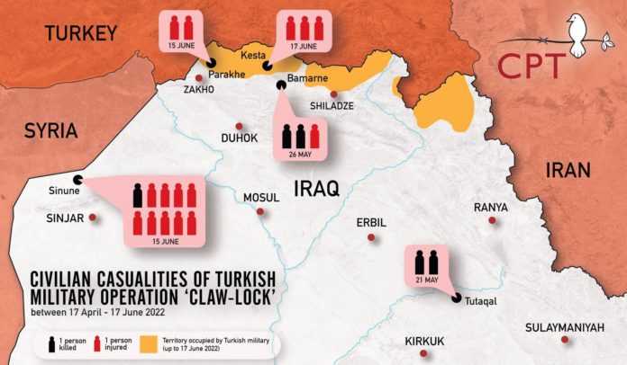 Selon le Groupe de paix intercommunautaire (CPT), la Turquie a mené plus de 4 000 attaques aériennes, terrestres et d'artillerie au sud-Kurdistan (Nord de l’Irak) depuis 2015. 123 personnes ont été tuées dans ces attaques.