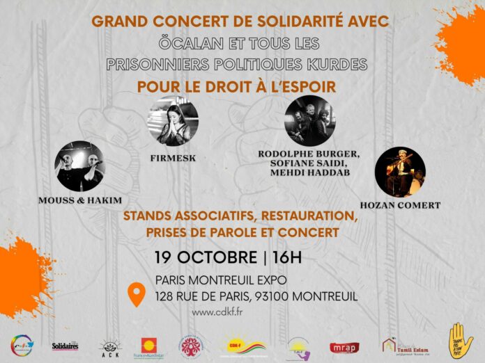 Pour redonner espoir aux prisonniers politique, le CDKF organise Samedi 19 octobre à Montreuil un grand concert de solidarité.